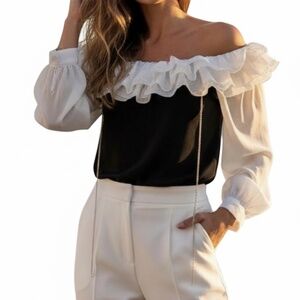 # A268   Nancy  Glam Chic  Romantic   Black & White  Ruffle Top  NWOT M